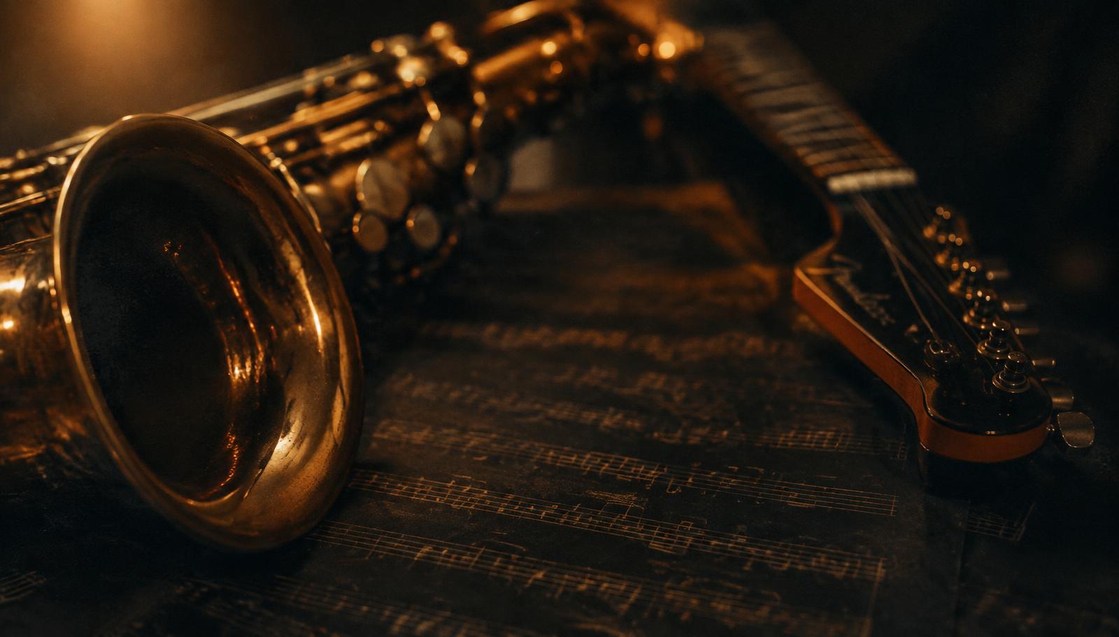 Saxophone and guitar resting on sheet music